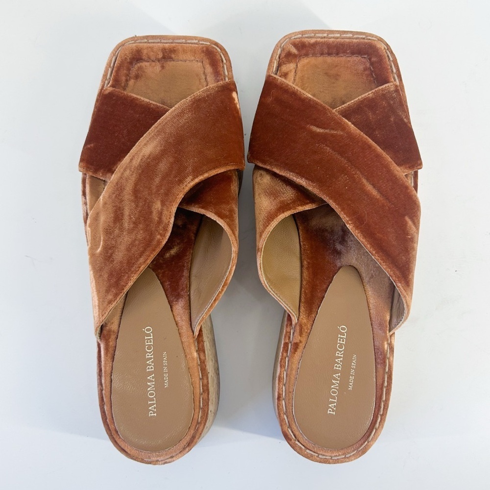 Paloma Barcelo Copper Velvet Cork Platform Sandals - Picture 5 of 7